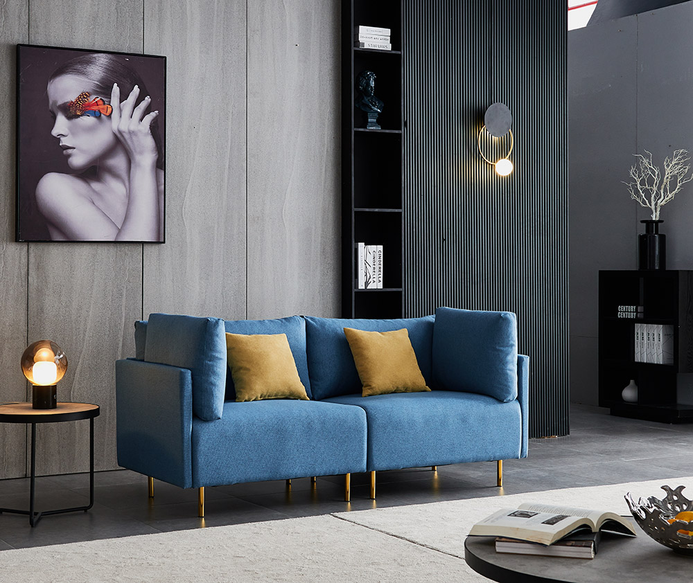 74" Dual Person Fabric Sofa Metal Legs Foam Filling, Easy to Clean, for Living Room, Apartment, Studio, Office - Blue