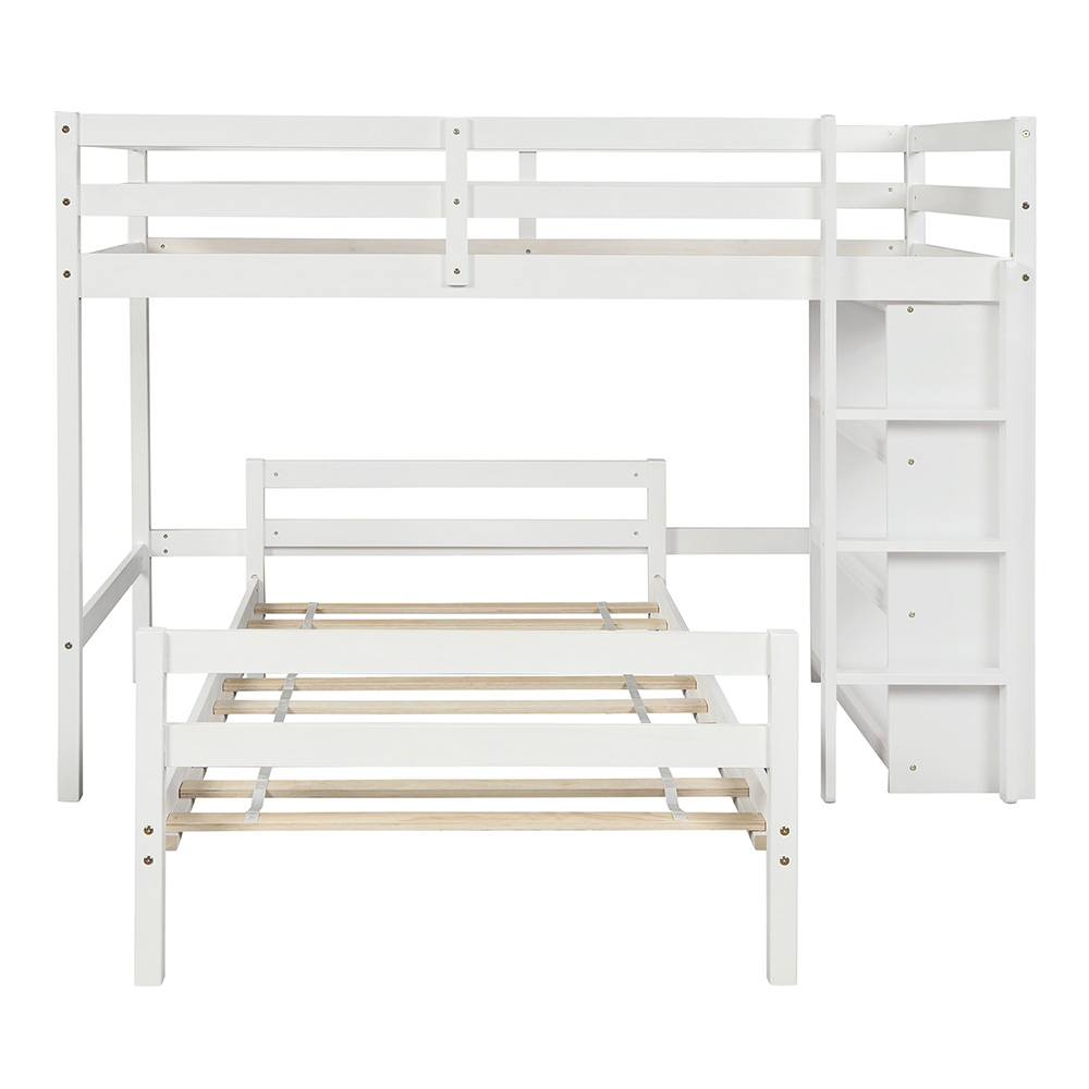 Twin-Over-Twin Size Wooden Bunk Bed Frame with 3-layer Shelf, for Families with Multiple Children - White