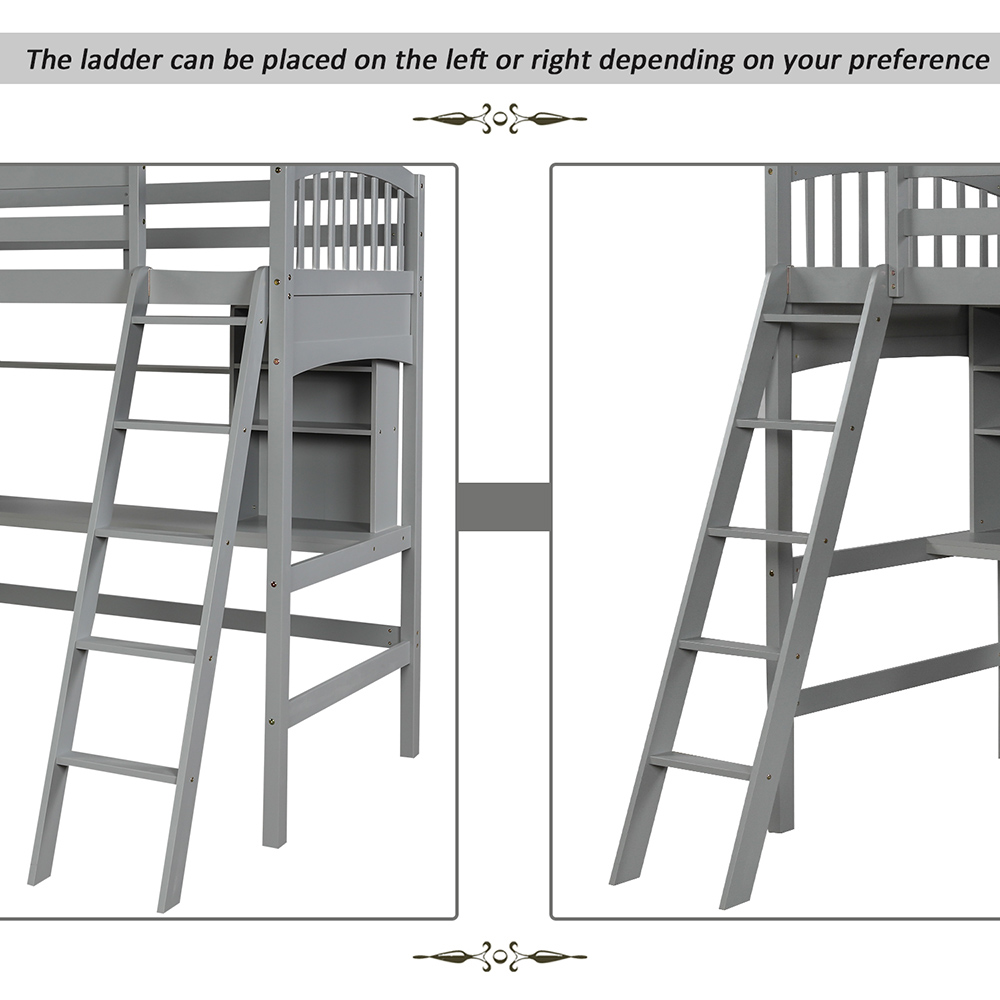 Twin Size Wooden Loft Bed Frame With Desk, Bookshelf, Ladder, and Guardrail for Small Rooms - Gray