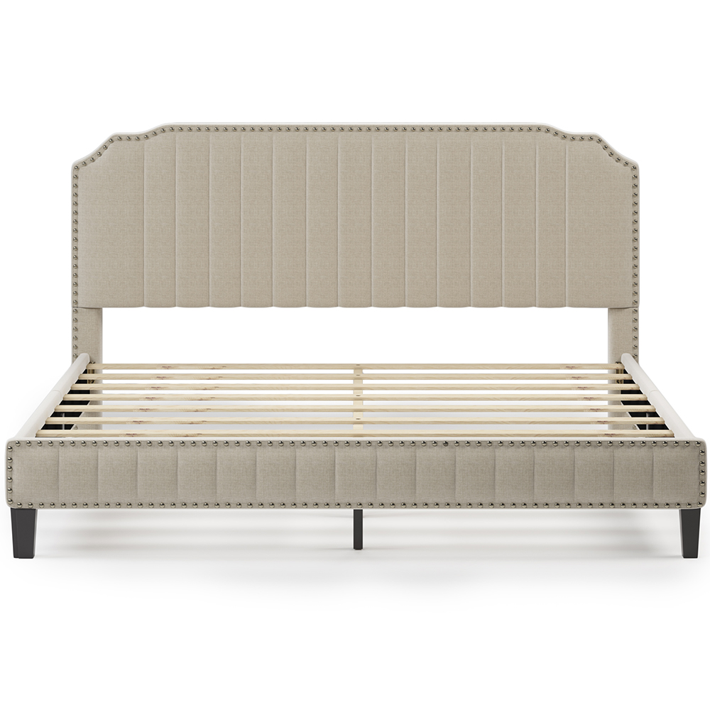 King Size Solid Wooden Upholstered Bed Frame with Linen Headboard and Nailhead Trim - Cream