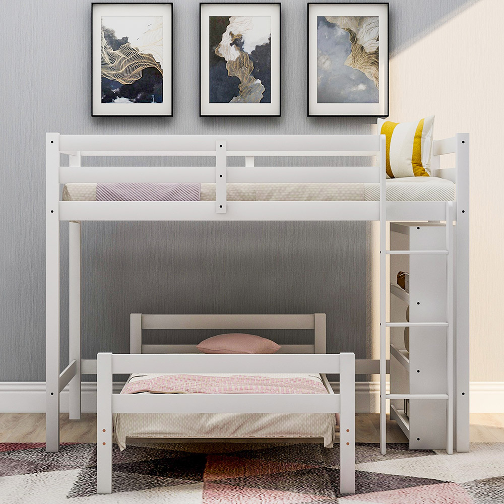 Twin-Over-Twin Size Wooden Bunk Bed Frame with 3-layer Shelf, for Families with Multiple Children - White