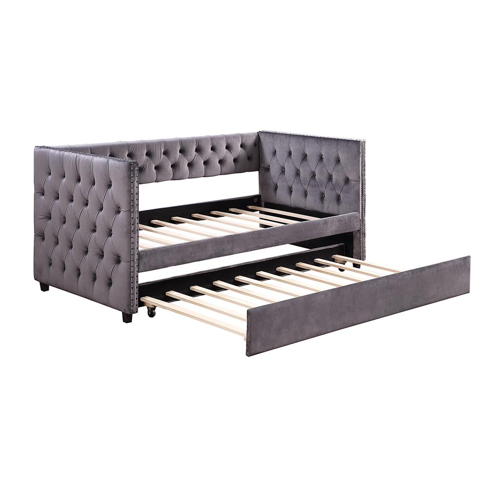 TOPMAX Twin Size Upholstered Tufted Sofa Bed Wooden Frame with Trundle Bed and Armrests - Gray