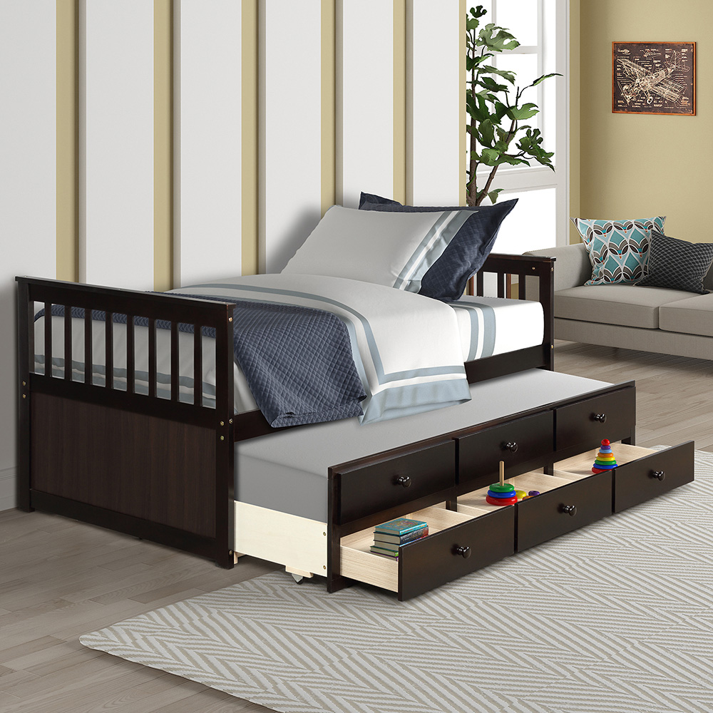 TOPMAX Captain's Twin Size Bed Frame with Trundle Bed and Storage Drawers, for Boys, Girls and Small Rooms - Espresso