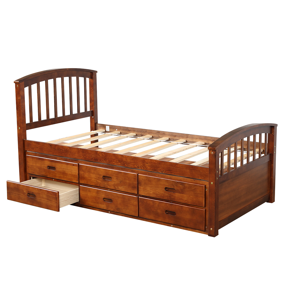 Orisfur Twin Size Wooden Bed Frame with 6 Storage Drawers - Walnut