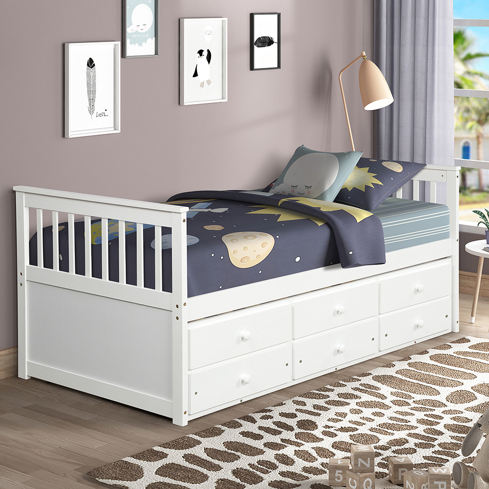 TOPMAX Captain's Twin Size Bed Frame with Trundle Bed and Storage Drawers, for Boys, Girls and Small Rooms - White