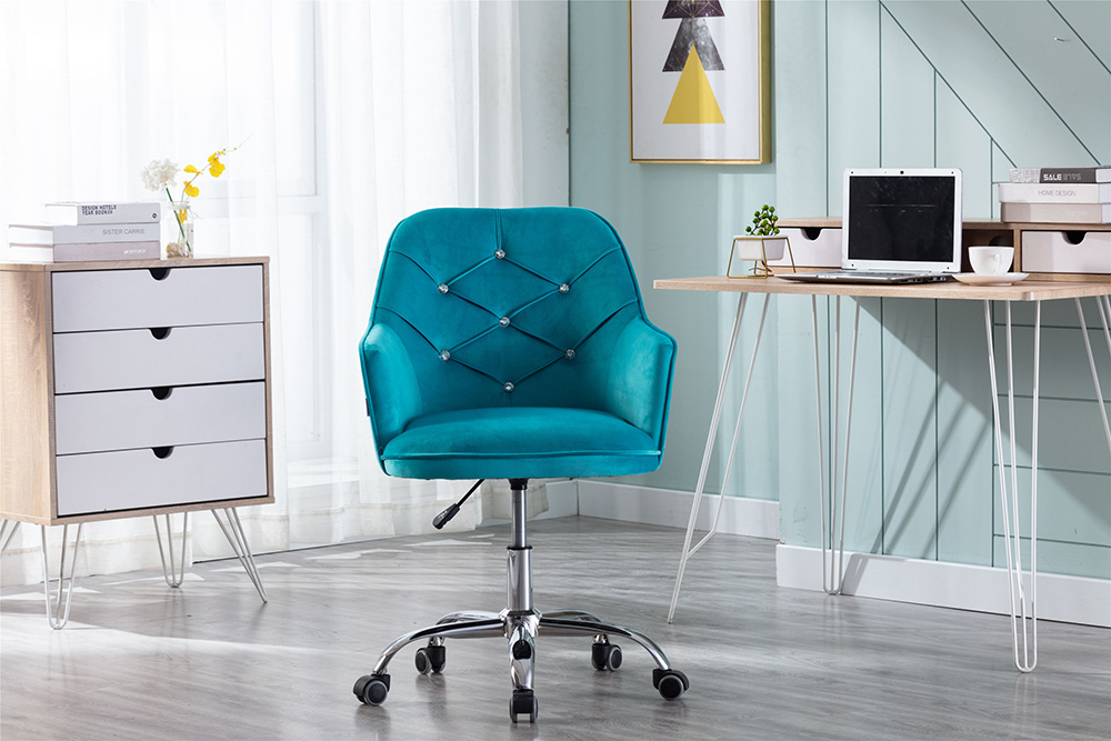 COOLMORE Velvet Rotating Chair Height Adjustable with Curved Backrest and Casters for Living Room, Bedroom, Office - Blue