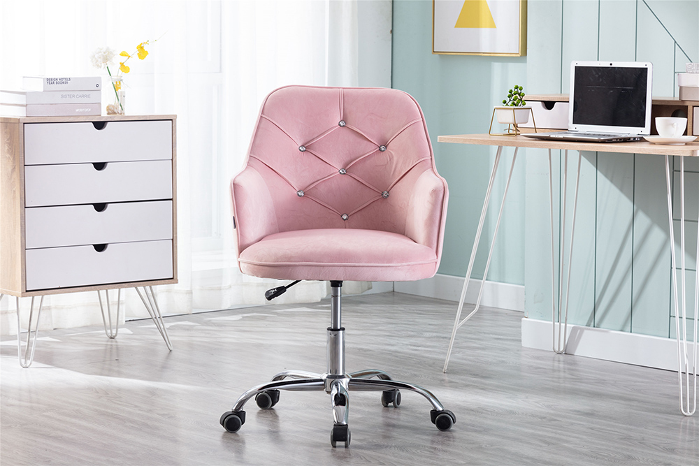 COOLMORE Velvet Rotating Chair Height Adjustable with Curved Backrest and Casters for Living Room, Bedroom, Office - Pink