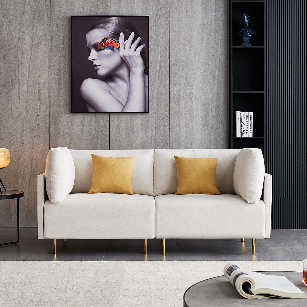 74" Dual Person Fabric Sofa Metal Legs Foam Filling, Easy to Clean, for Living Room, Apartment, Studio, Office - Beige