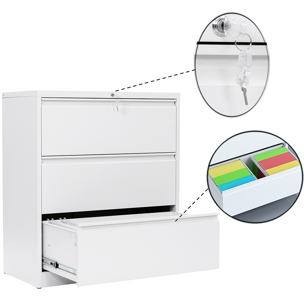 Home Office Metal Lateral File Cabinet with Lock and 3 Drawers - White