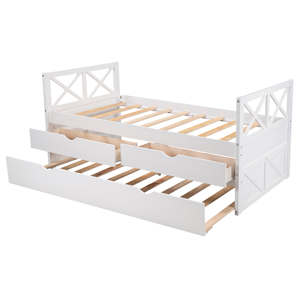 Twin Size Wooden Bed Frame with Storage Drawers and Trundle Bed Suitable for Family with Multiple Children - White