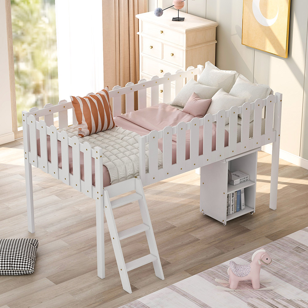Twin Size Wooden Loft Bed Frame with Desk and Storage Cabinet for Children - White