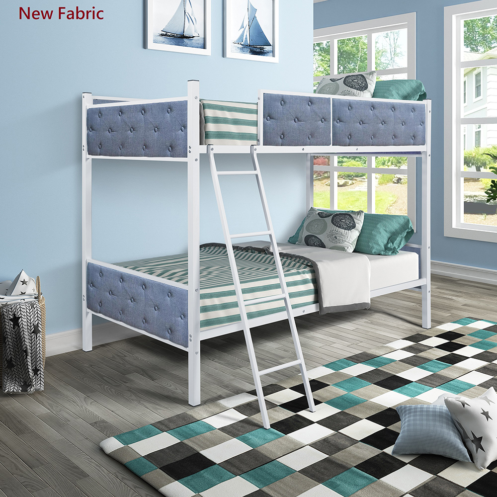 Metal Bunk Bed Frame with Ladder and Upper Guardrail, Save Space Quick Assembly - Blue