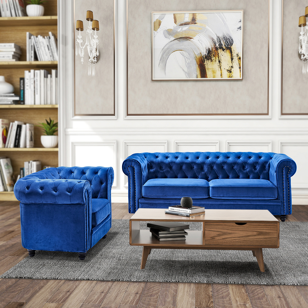 2-seats Velvet Sofa Solid Wood Oak Legs for Living Room, Bedroom, Office, Hotel, Bar, Restaurant - Blue