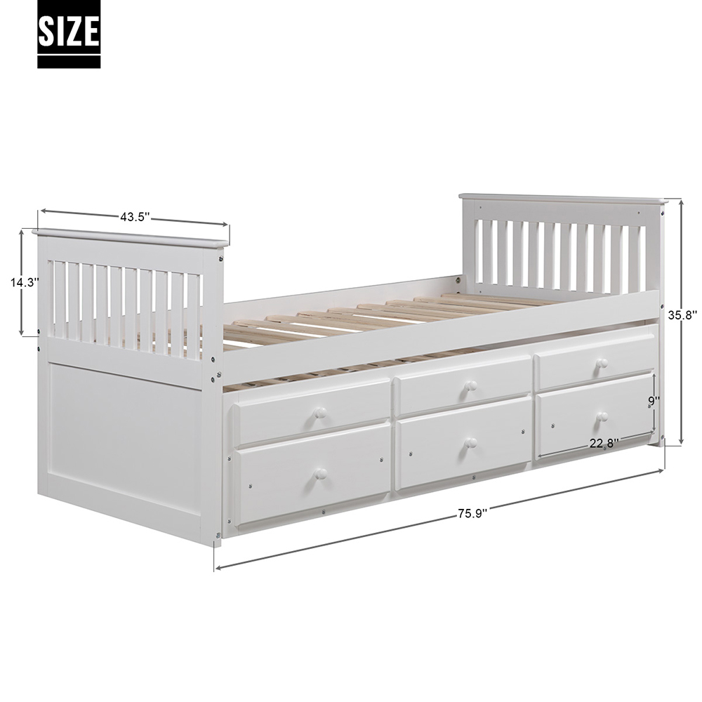 TOPMAX Captain's Twin Size Bed Frame with Trundle Bed and Storage Drawers, for Boys, Girls and Small Rooms - White