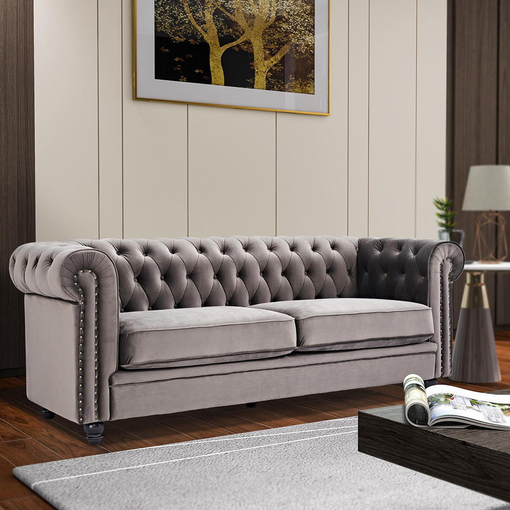 2-seats Velvet Sofa Solid Wood Oak Legs for Living Room, Bedroom, Office, Hotel, Bar, Restaurant - Gray