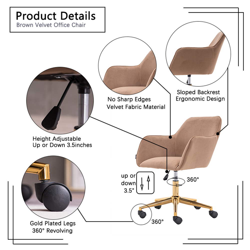 Velvet Rotating Chair Height Adjustable with Curved Backrest and Casters for Living Room, Bedroom, Office - Brown