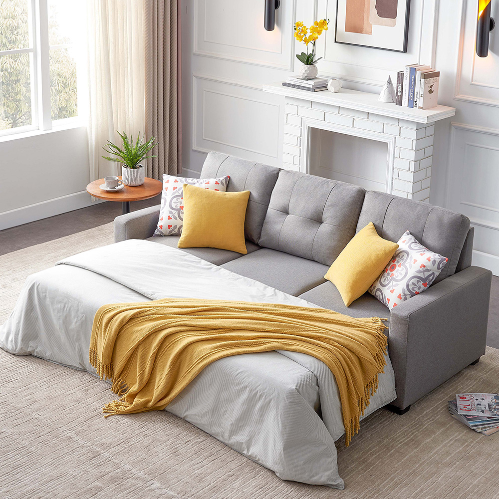82" L-shaped Corner Multifunctional Pull-out Sofa Bed Lying and Sitting 2-in-1 with Storage Space and Armrests, 3 Seats - Gray