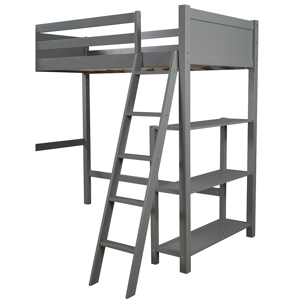 Twin Size Wooden Loft Bed Frame with Storage Shelf and Ladder Suitable for Small Rooms - Gray