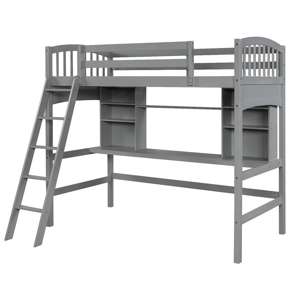 Twin Size Wooden Loft Bed Frame With Desk, Bookshelf, Ladder, and Guardrail for Small Rooms - Gray