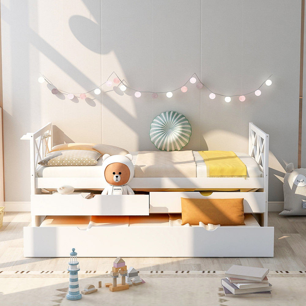 Twin Size Wooden Bed Frame with Storage Drawers and Trundle Bed Suitable for Family with Multiple Children - White