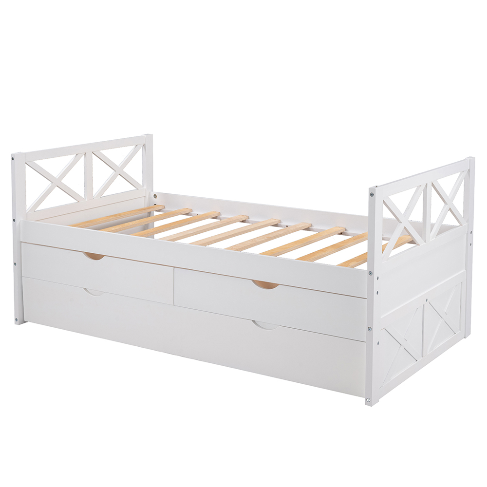 Twin Size Wooden Bed Frame with Storage Drawers and Trundle Bed Suitable for Family with Multiple Children - White