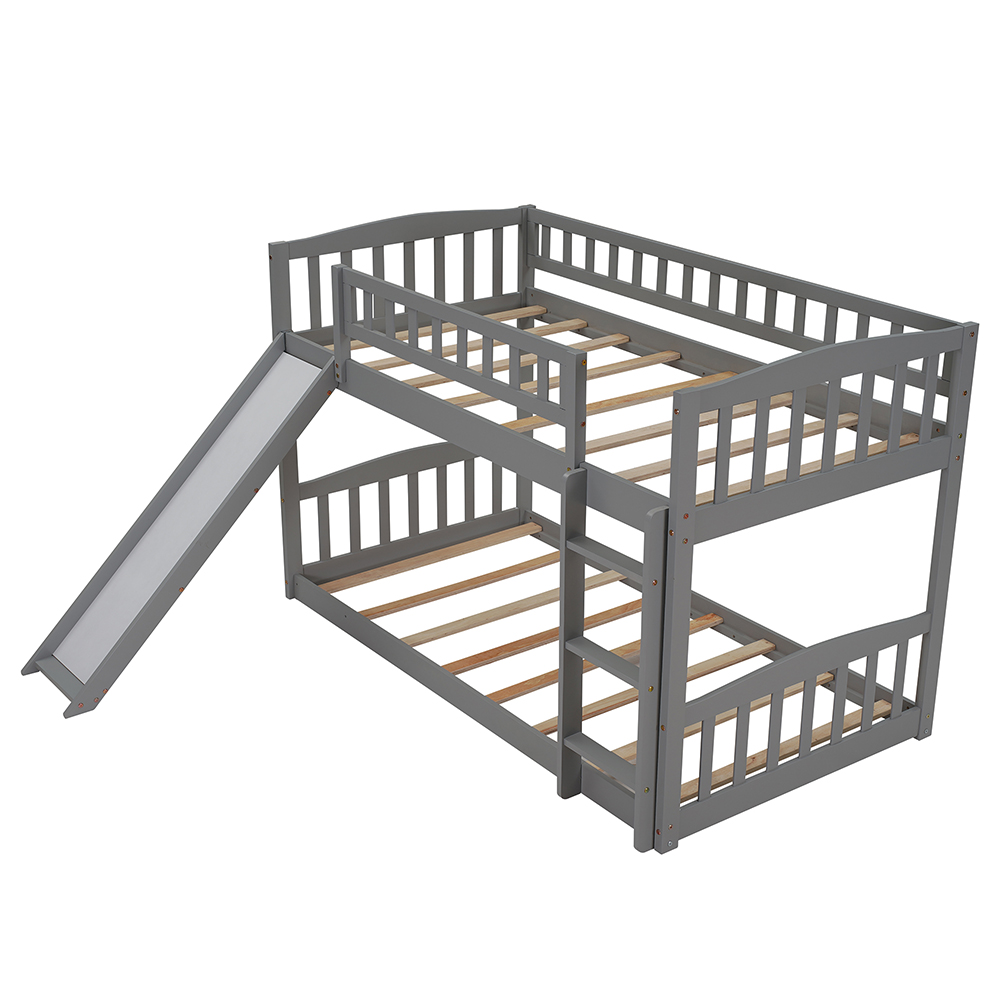 Twin-Over-Twin Size Wooden Bunk Bed Frame with Ladder, and Slide Suitable for Families with Multiple Children - Gray