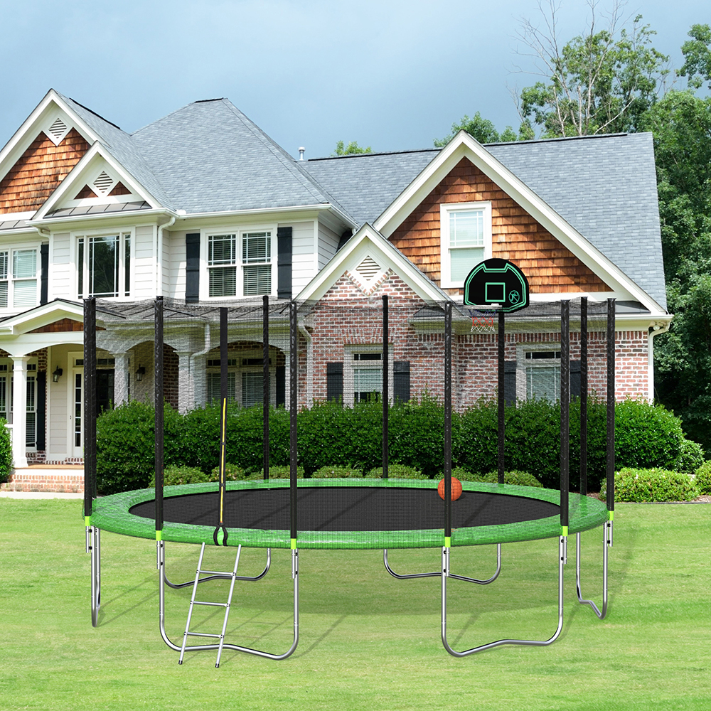 16FT Trampoline with Safety Enclosure Net & Ladder, Spring Cover Padding, Basketball Hoop - Green
