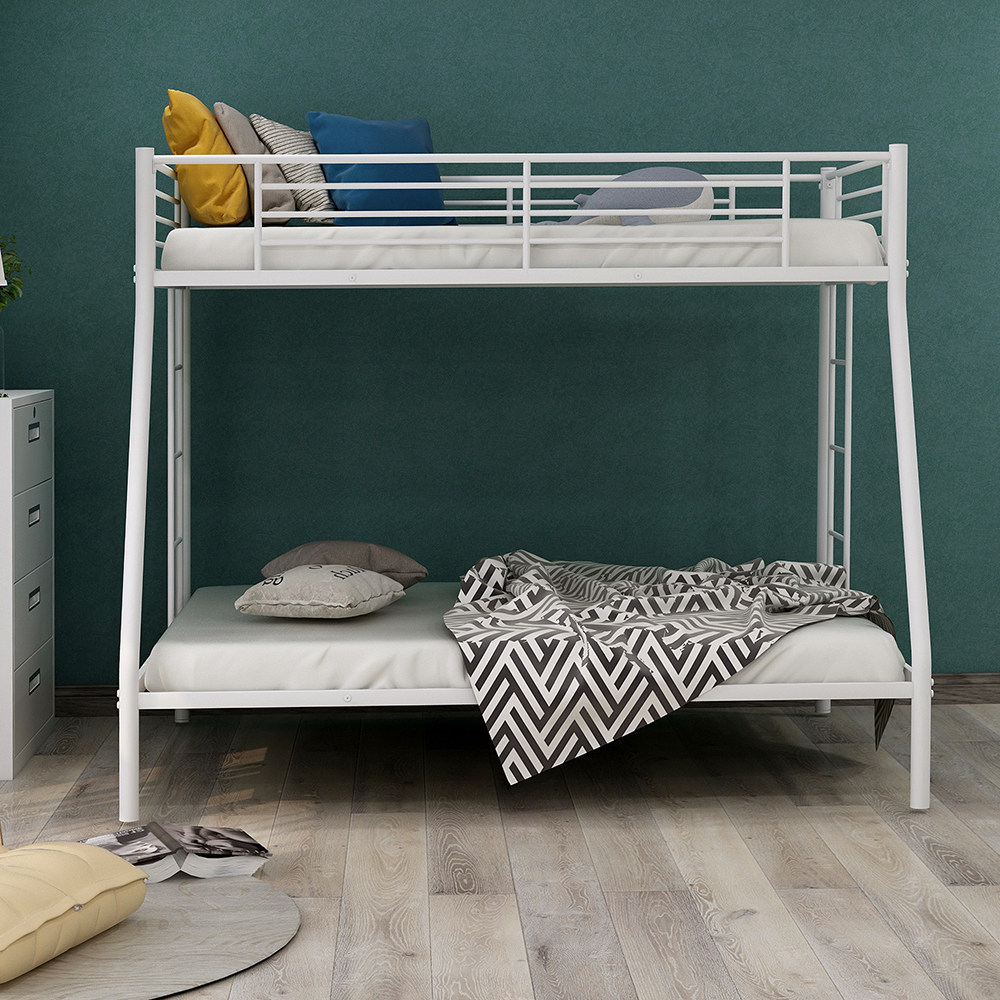 Twin-Over-Full Size Metal Bunk Bed Frame with Stairs and Guardrail for Families with Multiple Children - White