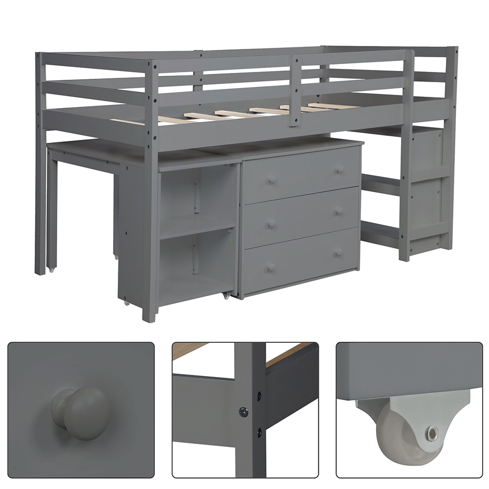 Twin Size Wooden Elevated Bed Frame with Storage Cabinet, Bookshelf, Portable Desk for Small Rooms - Gray