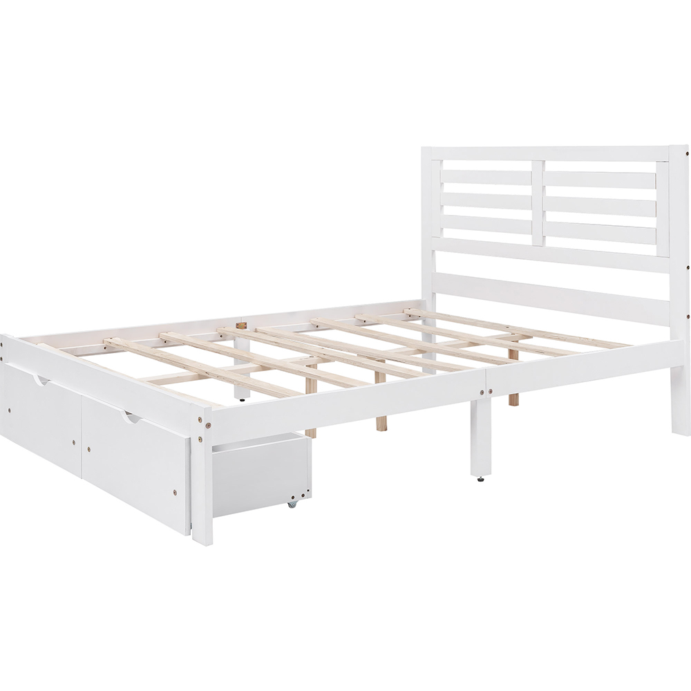 Full Size Wooden Bed Frame with Storage Drawer - White