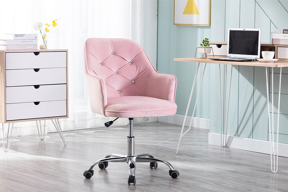 COOLMORE Velvet Rotating Chair Height Adjustable with Curved Backrest and Casters for Living Room, Bedroom, Office - Pink