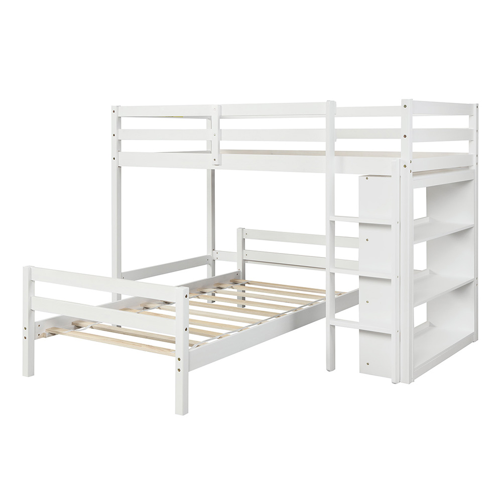 Twin-Over-Twin Size Wooden Bunk Bed Frame with 3-layer Shelf, for Families with Multiple Children - White