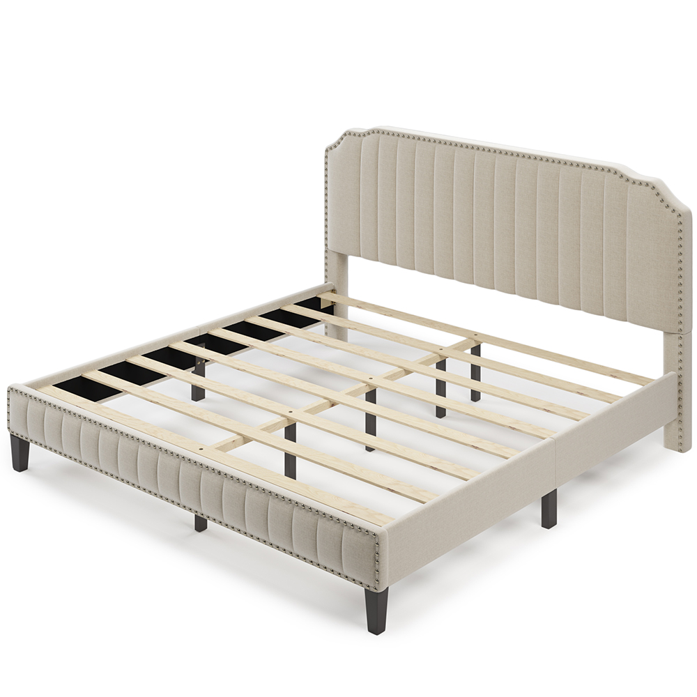 King Size Solid Wooden Upholstered Bed Frame with Linen Headboard and Nailhead Trim - Cream