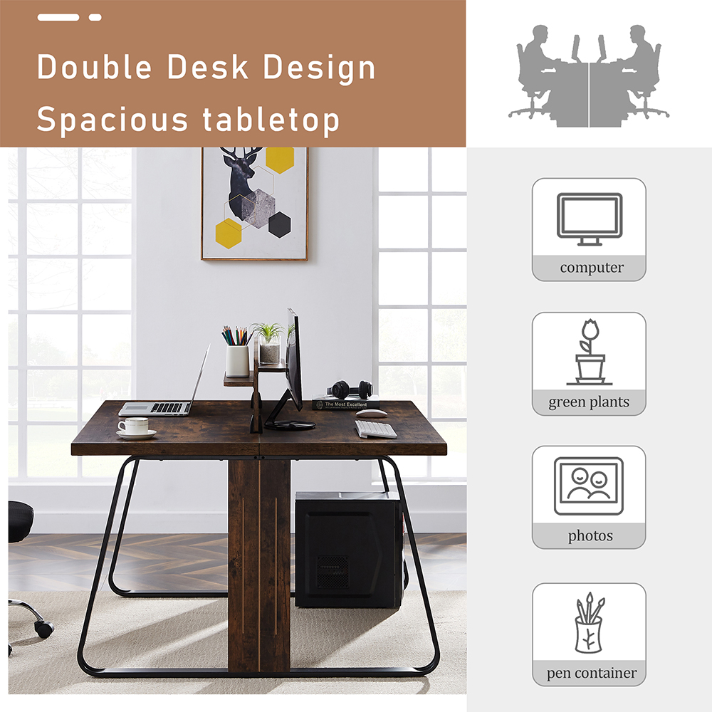 Home Office Dual Person Computer Desk Industrial Modern Design Steel Frame MDF Board - Tiger