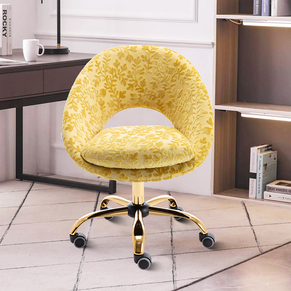COOLMORE Velvet Rotating Chair Height Adjustable with Curved Backrest and Casters for Living Room, Bedroom, Office - Yellow
