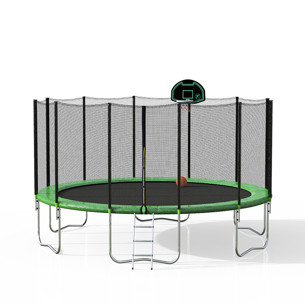 16FT Trampoline with Safety Enclosure Net & Ladder, Spring Cover Padding, Basketball Hoop - Green