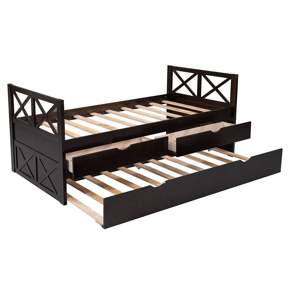 Twin Size Wooden Bed Frame with Storage Drawers and Trundle Bed Suitable for Family with Multiple Children - Espresso