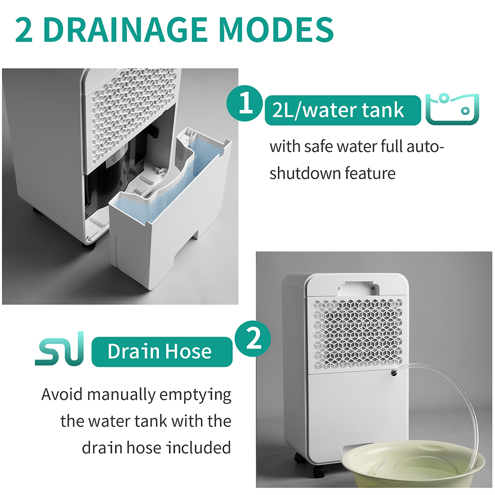3,000 Sq. Ft. Quiet Dehumidifier with 2L Water Tank, Three Modes, Auto or Manual Drain, for Medium to Large Rooms and Basements - White