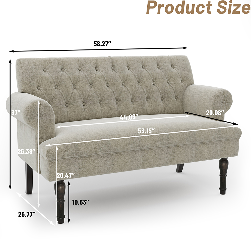 58" Linen Upholstered Sofa Chesterfield Design with Roll Arm and High Walnut Legs Suitable for Two People - Off White