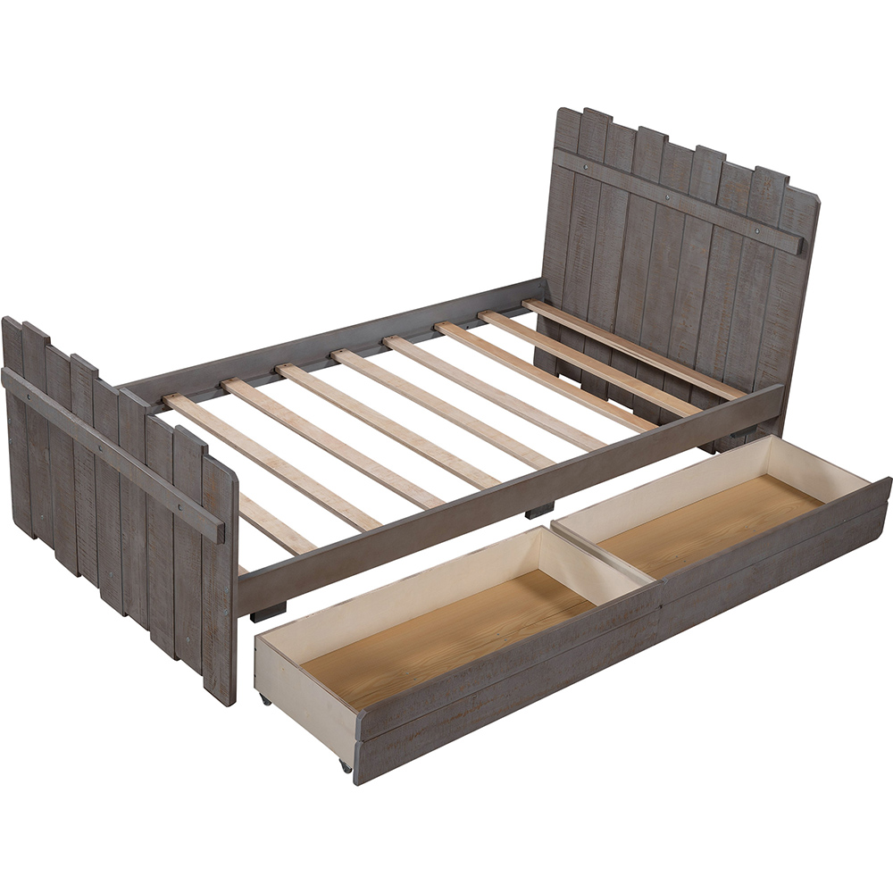 Twin Size Wooden Bed Frame Rustic Style Design with Storage Drawers, Vintage Fence-shaped Headboard, and Footboard - Gray