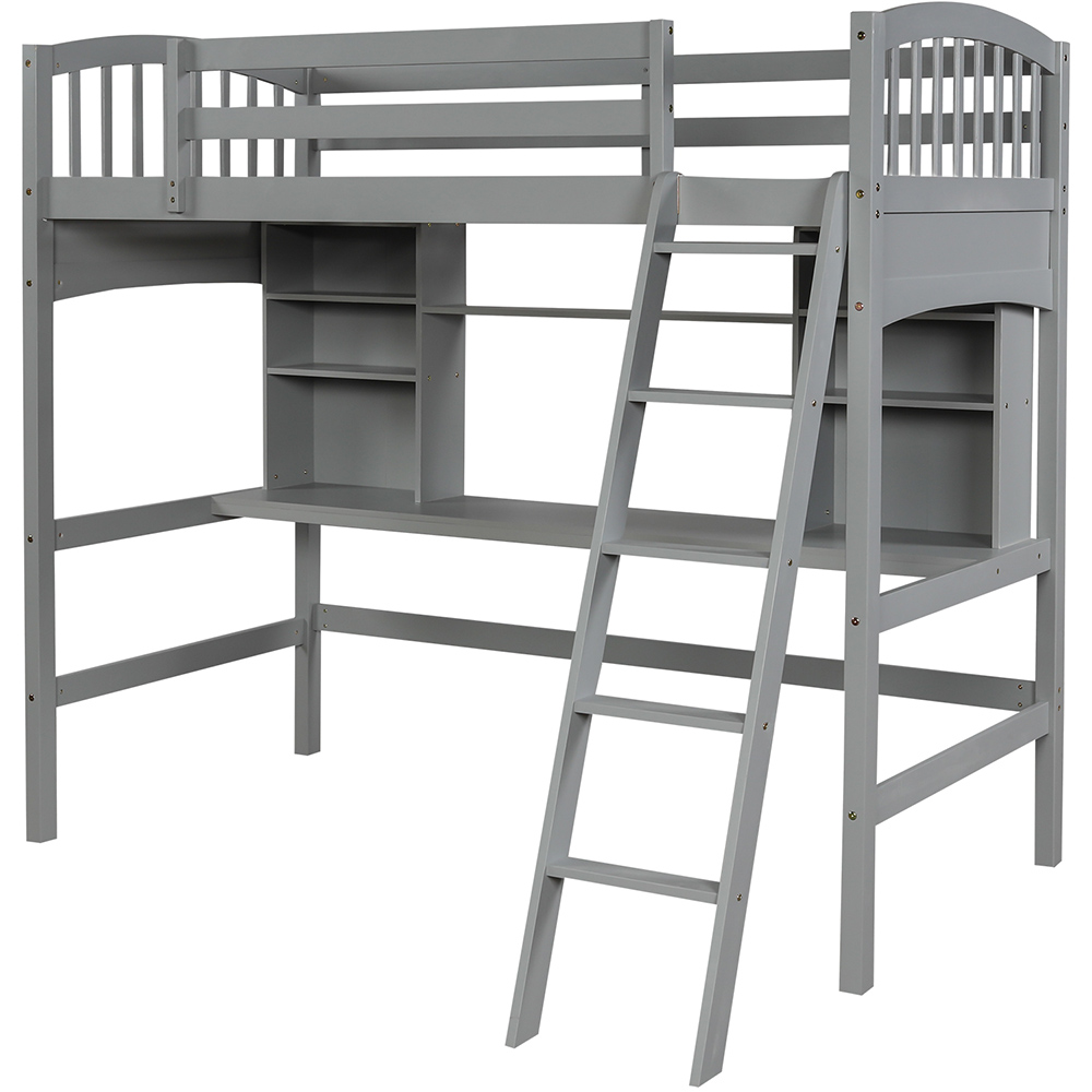 Twin Size Wooden Loft Bed Frame With Desk, Bookshelf, Ladder, and Guardrail for Small Rooms - Gray