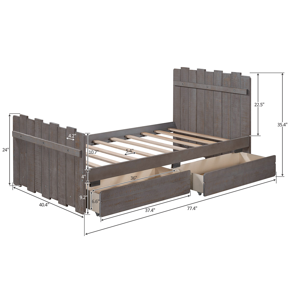 Twin Size Wooden Bed Frame Rustic Style Design with Storage Drawers, Vintage Fence-shaped Headboard, and Footboard - Gray