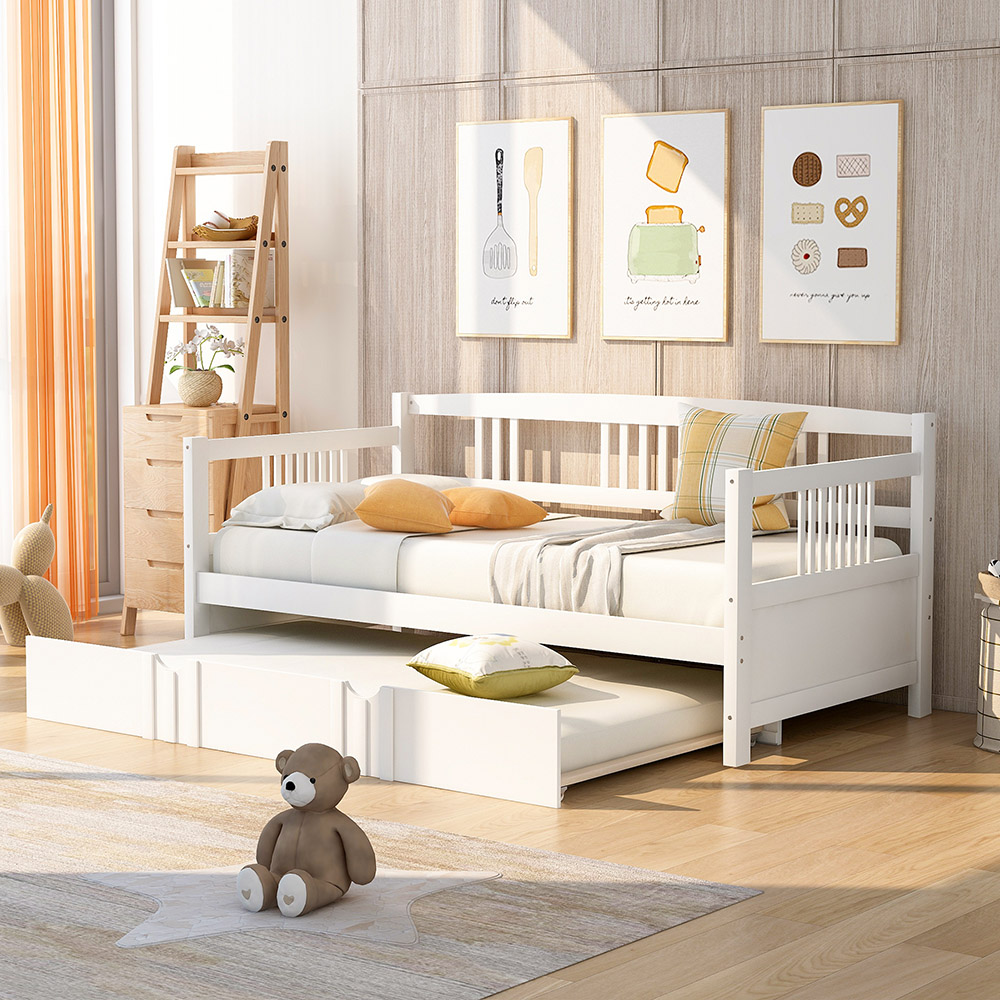 Twin Size Multifunctional Pine Sofa Bed with Hidden Casters Bed - White
