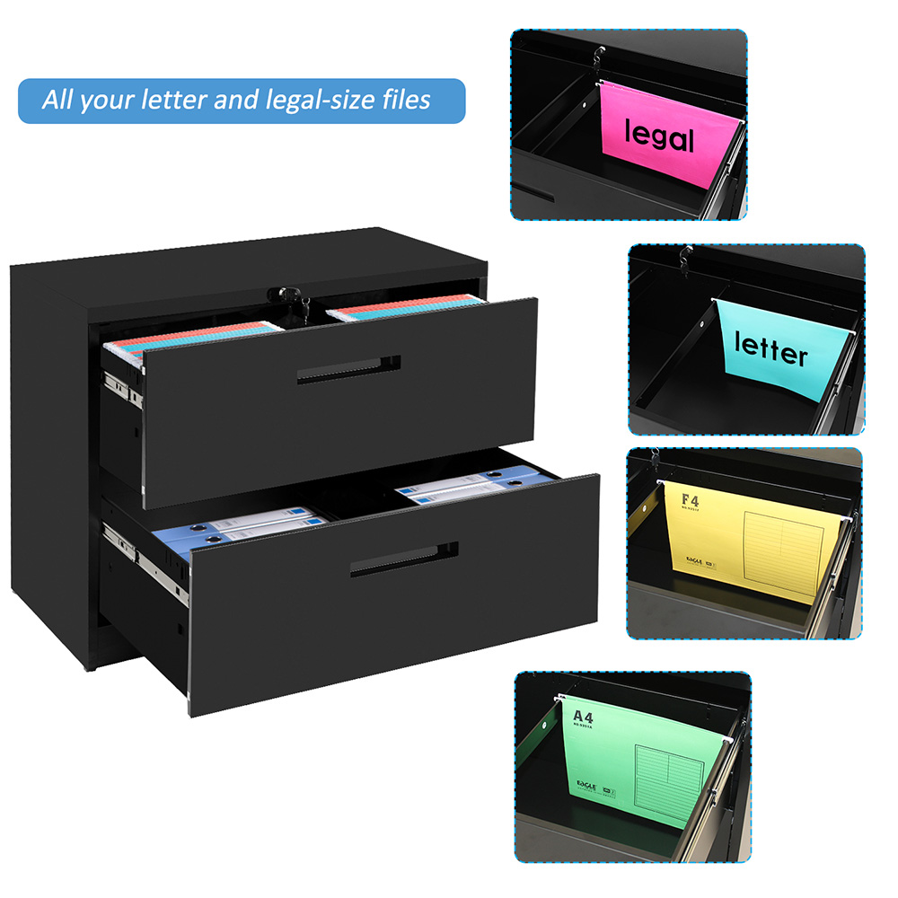 TREXM Home Office Metal Lateral File Cabinet with 2 Drawers and Lock - Black