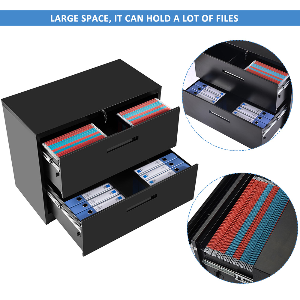 TREXM Home Office Metal Lateral File Cabinet with 2 Drawers and Lock - Black