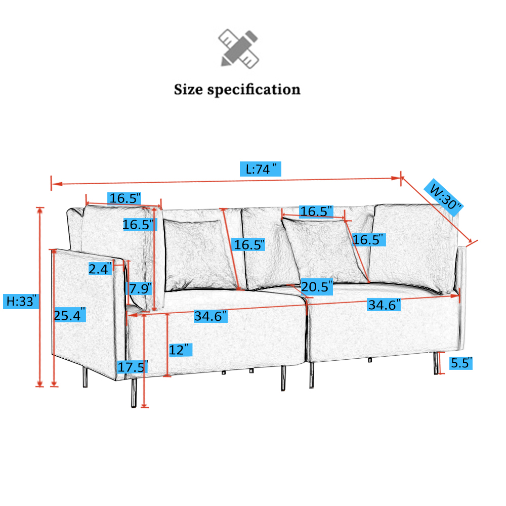 74" Dual Person Fabric Sofa Metal Legs Foam Filling, Easy to Clean, for Living Room, Apartment, Studio, Office - Gray