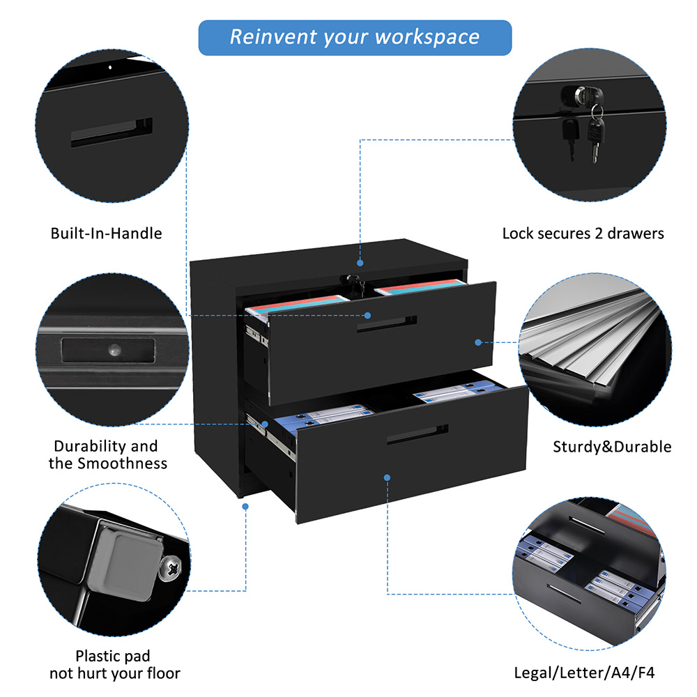 TREXM Home Office Metal Lateral File Cabinet with 2 Drawers and Lock - Black