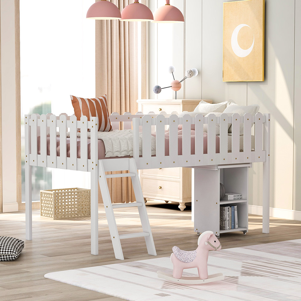 Twin Size Wooden Loft Bed Frame with Desk and Storage Cabinet for Children - White