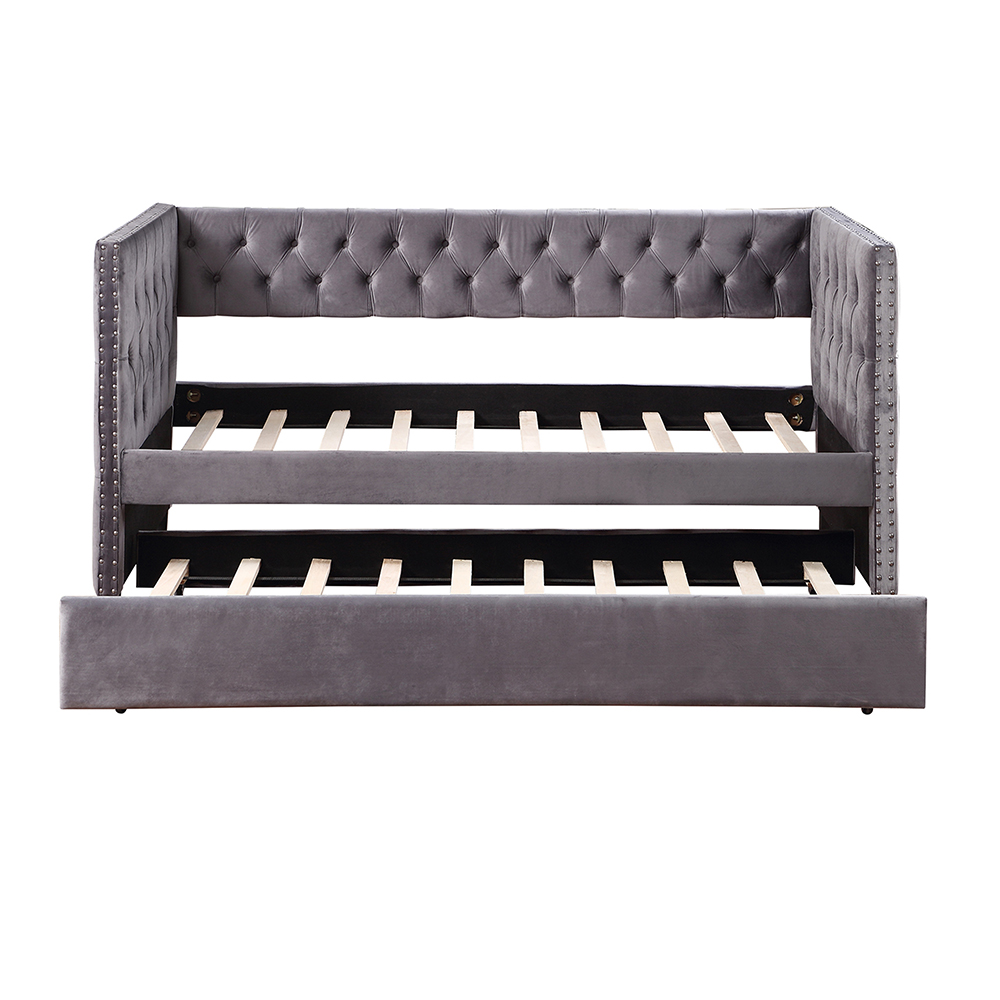 TOPMAX Twin Size Upholstered Tufted Sofa Bed Wooden Frame with Trundle Bed and Armrests - Gray