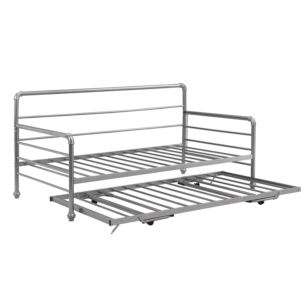 Twin Size Steel Sofa Bed Frame with Adjustable Trundle Bed - Silver